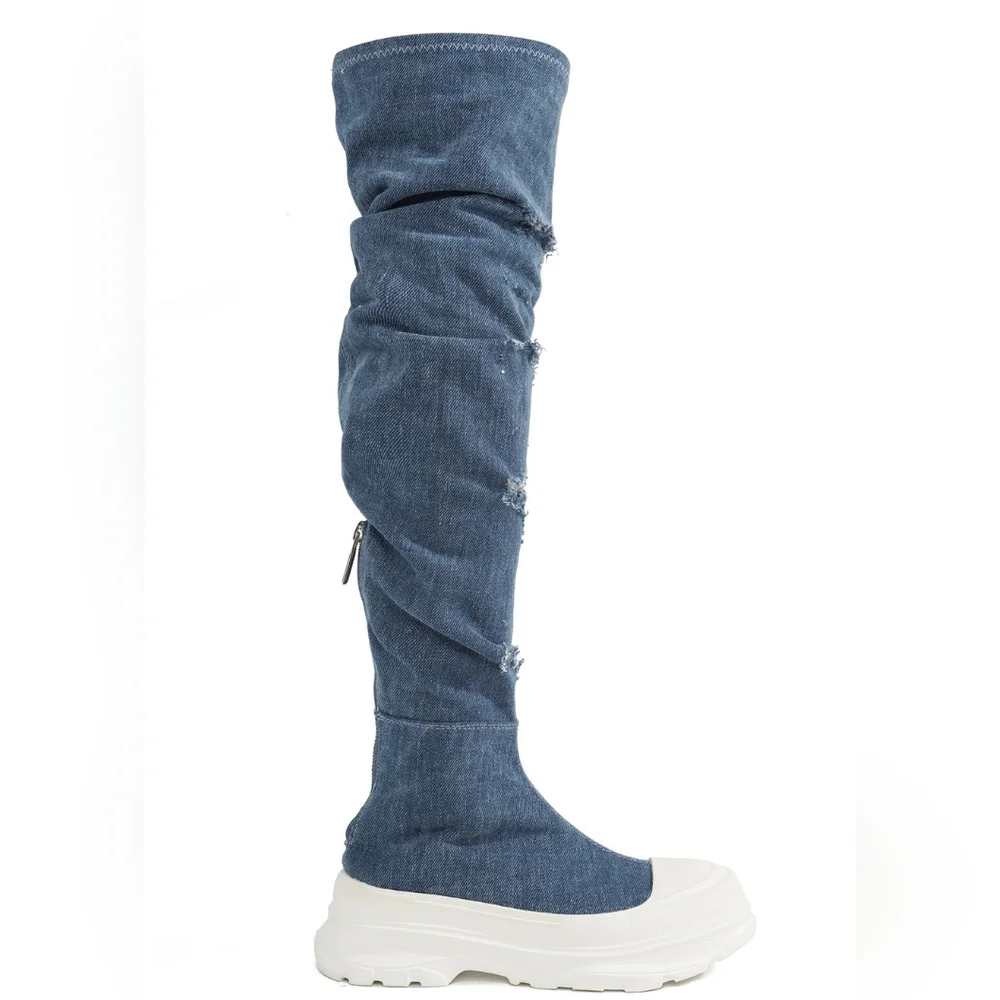 Cape Robbin Distressed Denim Blue Over-the-Knee Sock Boots with White Platform